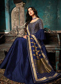 Navy Blue Golden Embroidered Silk Anarkali Suit