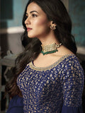 Navy Blue Golden Embroidered Silk Anarkali Suit