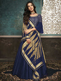 Navy Blue Golden Embroidered Silk Anarkali Suit