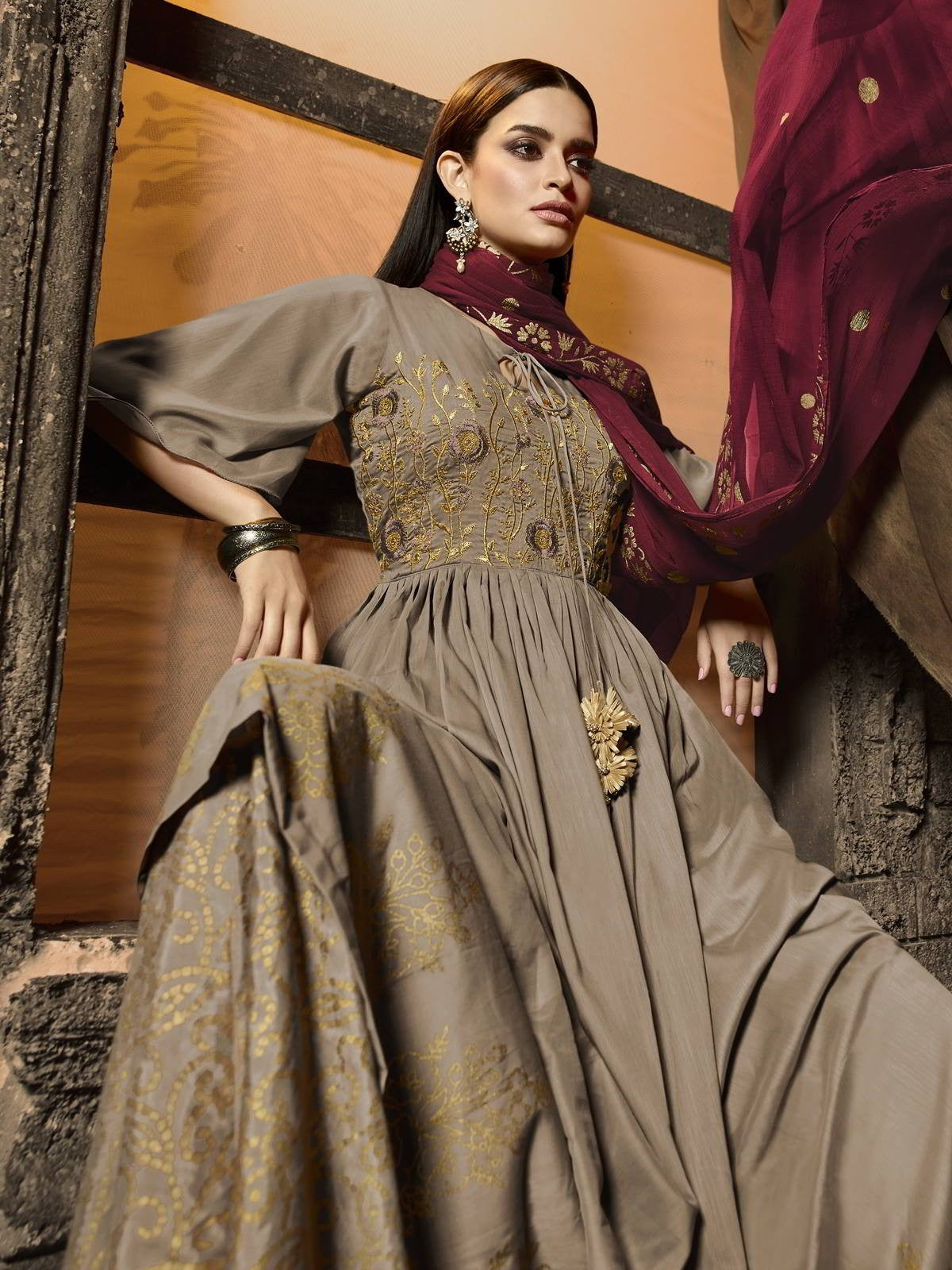 Golden And Maroon Pakistani Palazzo Suit