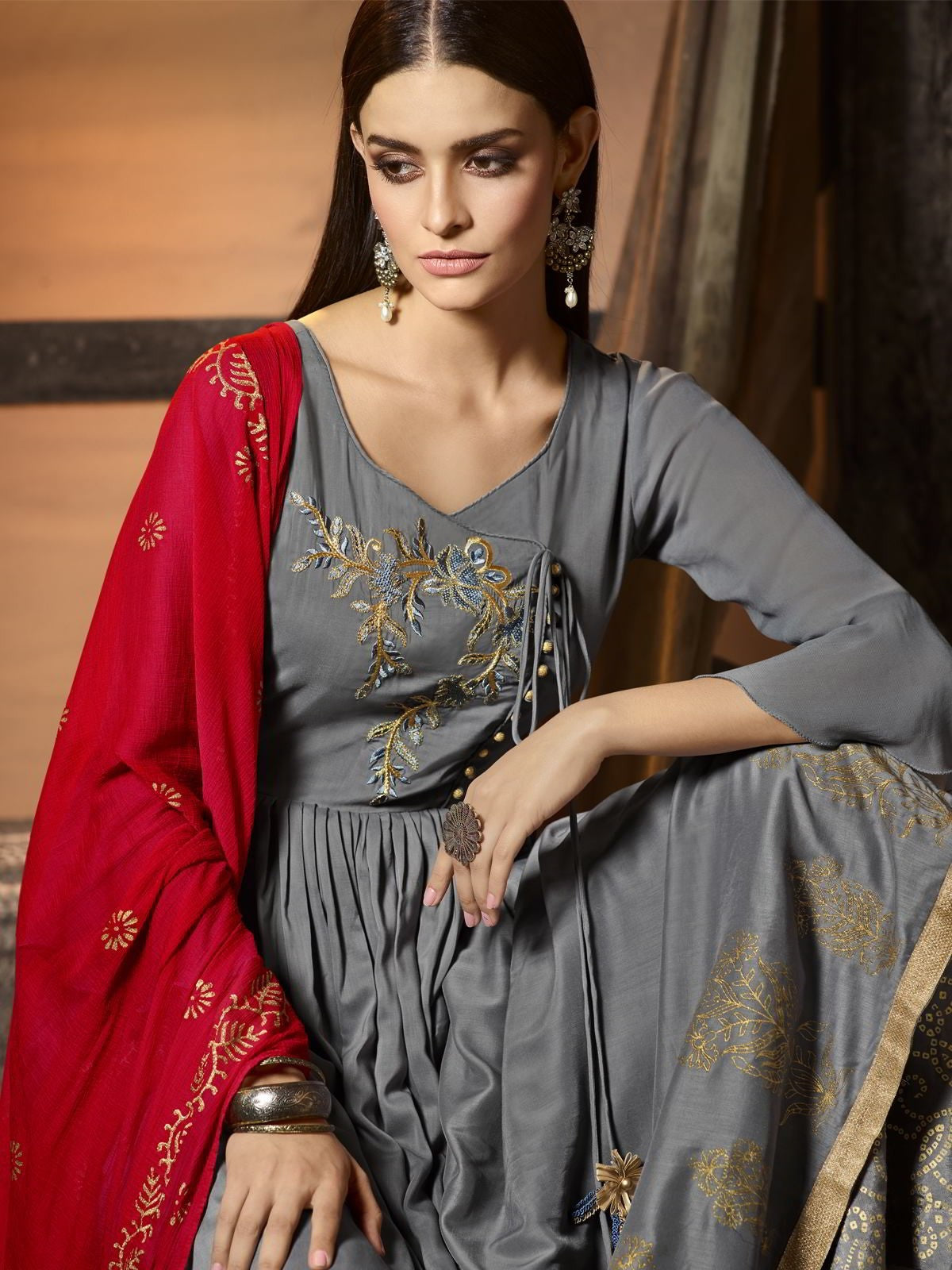 Grey And Red Pakistani Palazzo Suit
