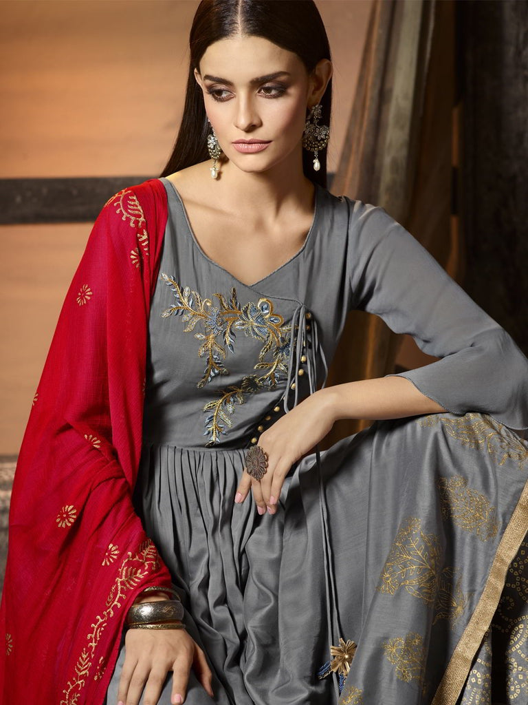 Grey And Red Pakistani Palazzo Suit
