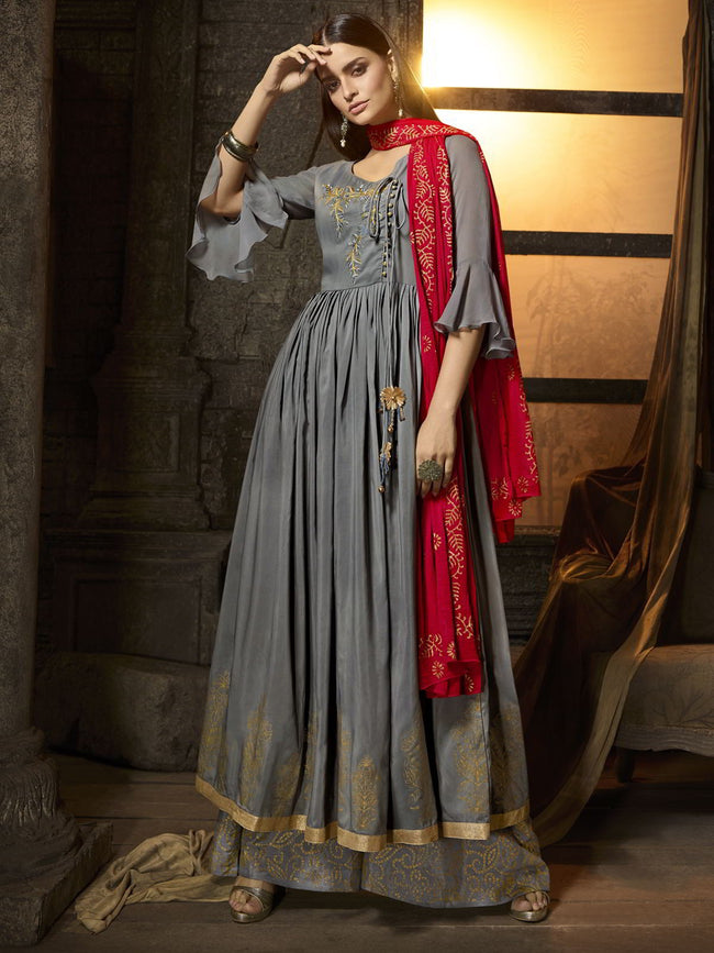 Grey And Red Pakistani Palazzo Suit