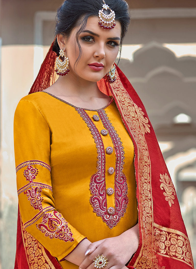 Yellow Embroidered With Banarasi Dupatta Pant Suit