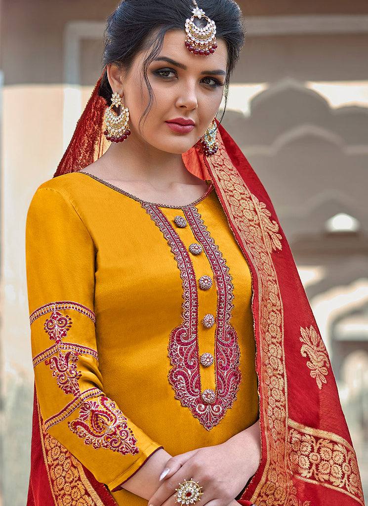 Yellow Embroidered With Banarasi Dupatta Pant Suit