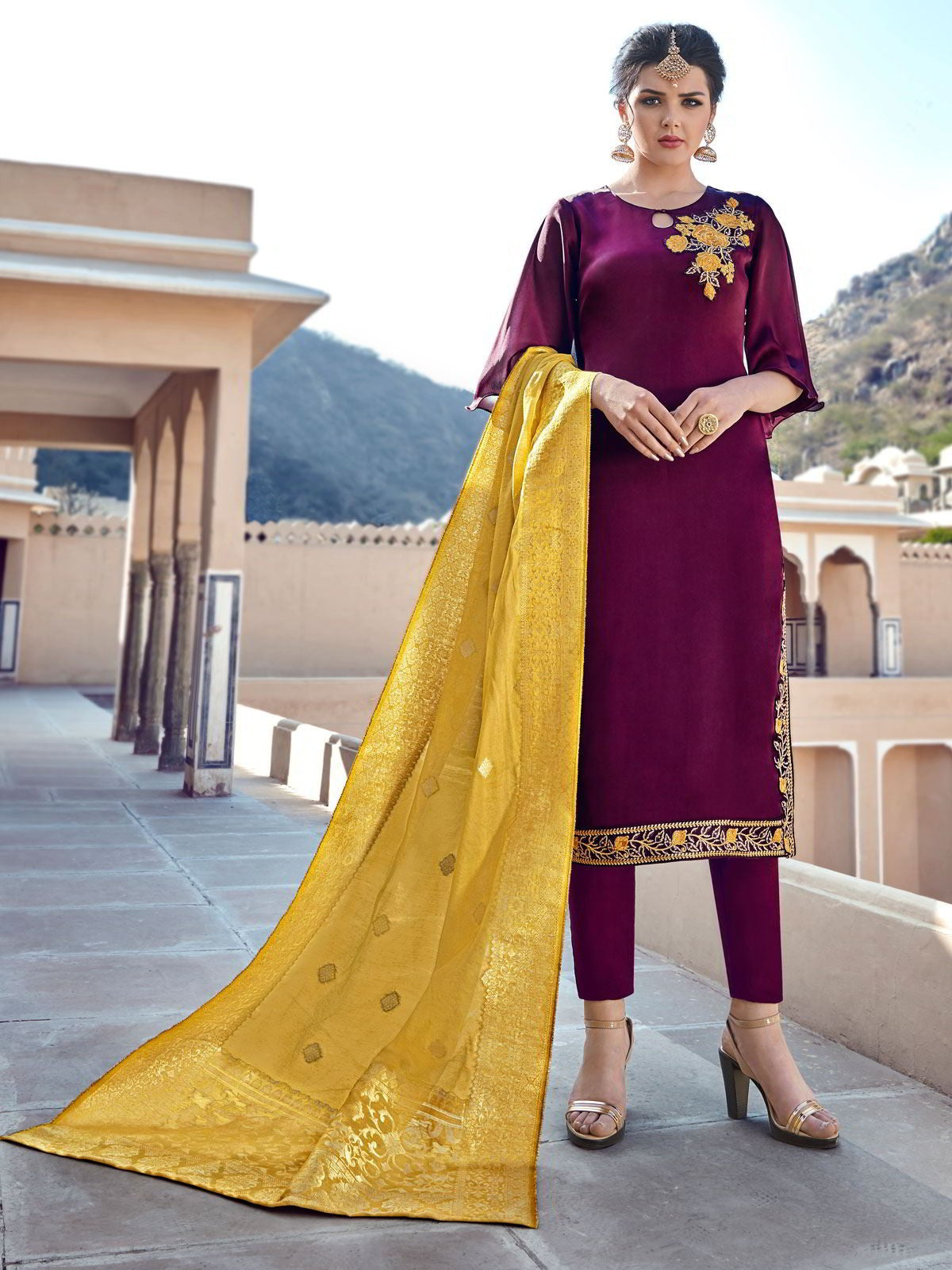 Maroon Embroidered With Banarasi Dupatta Pant Suit