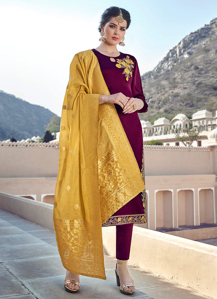 Maroon Embroidered With Banarasi Dupatta Pant Suit
