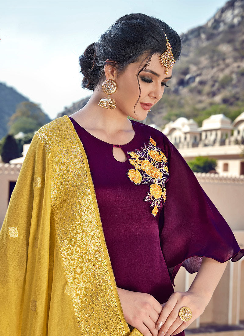 Maroon Embroidered With Banarasi Dupatta Pant Suit