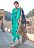 Aqua Blue Embroidered With Banarasi Dupatta Pant Suit