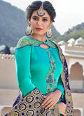 Aqua Blue Embroidered With Banarasi Dupatta Pant Suit