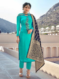 Aqua Blue Embroidered With Banarasi Dupatta Pant Suit