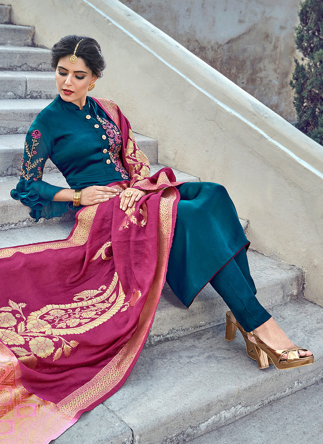 Turquoise Embroidered With Banarasi Dupatta Pant Suit