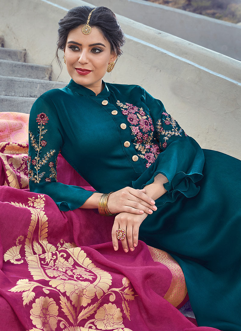 Turquoise Embroidered With Banarasi Dupatta Pant Suit