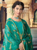 Blue And Green Embroidered Palazzos Pant Suit
