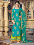 Blue And Green Embroidered Palazzos Pant Suit