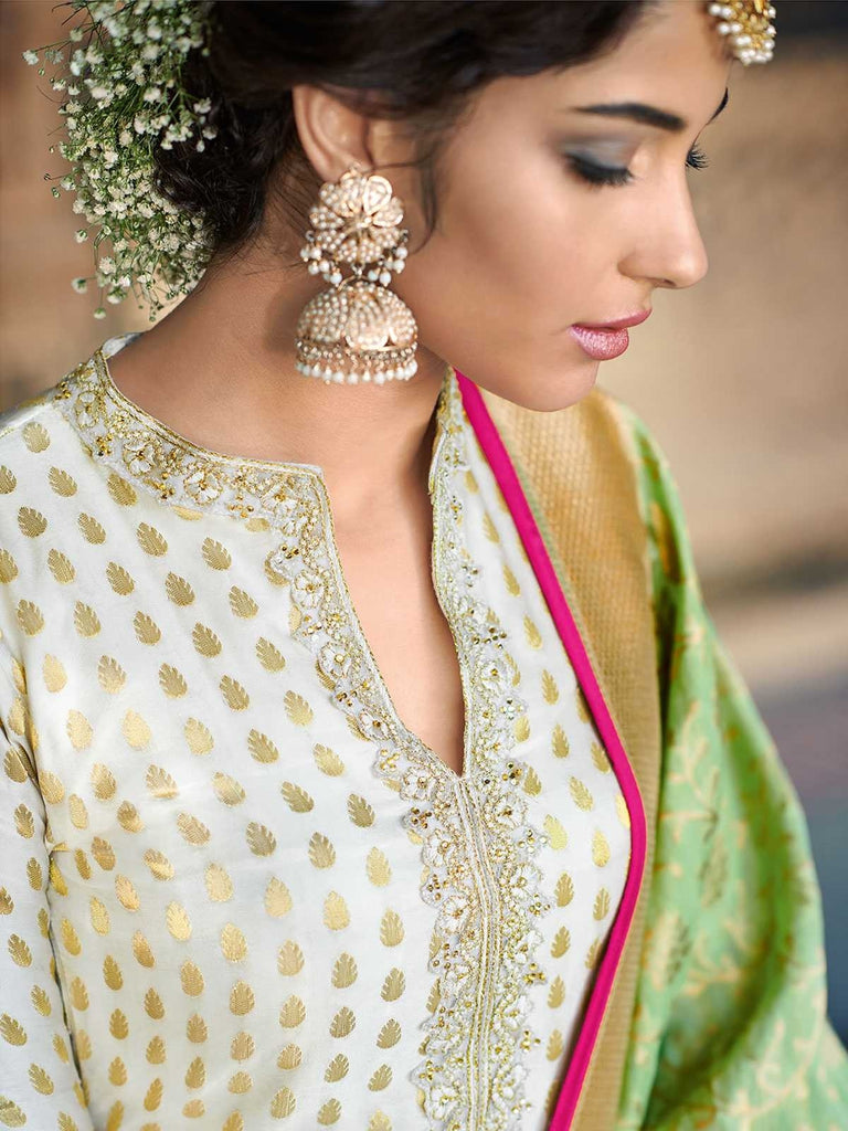 Off White And Pink Embroidered Palazzos Pant Suit