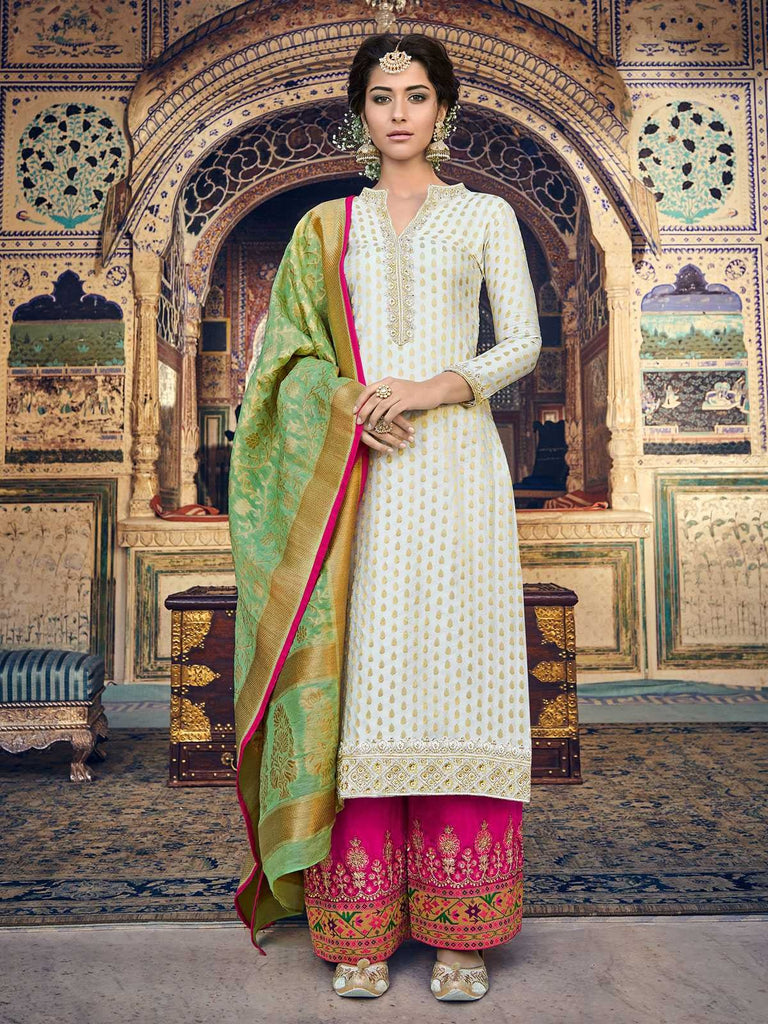 Off White And Pink Embroidered Palazzos Pant Suit