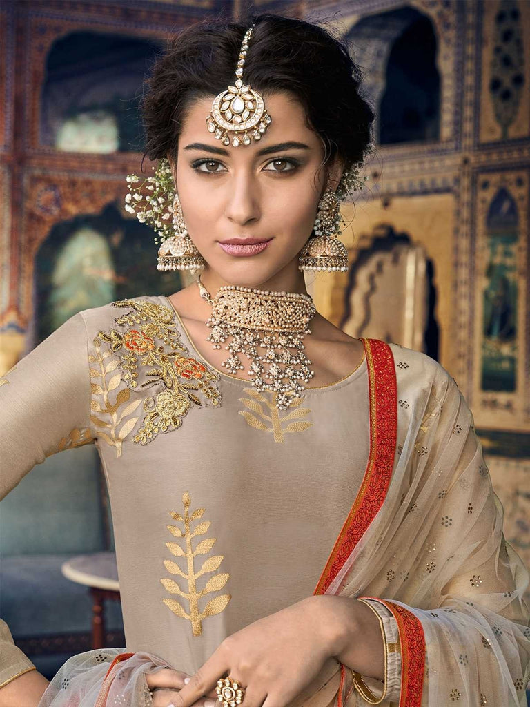 Beige And Orange Embroidered Palazzos Pant Suit