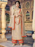 Beige And Orange Embroidered Palazzos Pant Suit