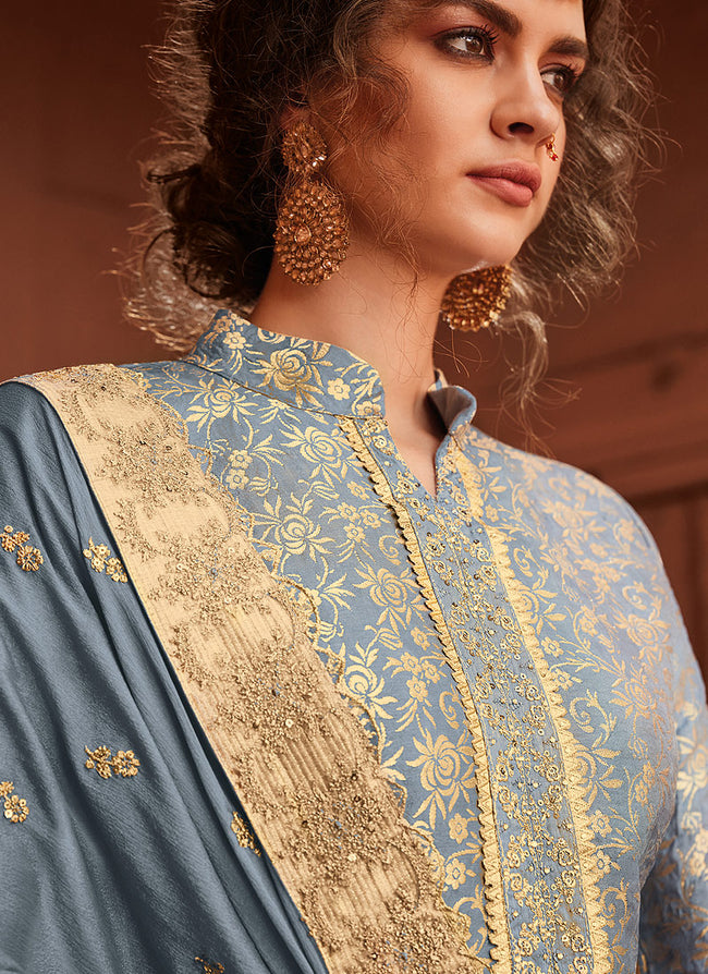 Light Blue Golden Embroidered Palazzo Pant Suit