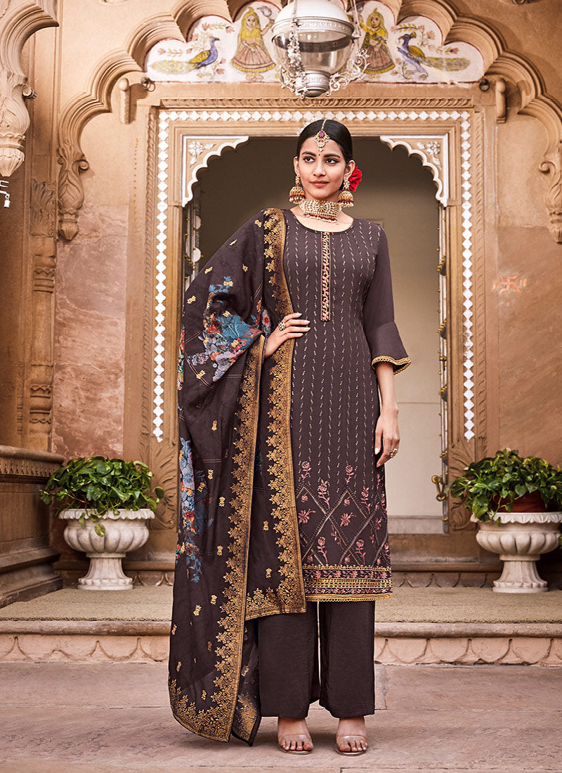Deep Mauve Embroidered Palazzo Suit