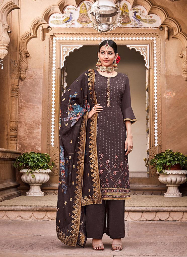 Deep Mauve Embroidered Palazzo Suit