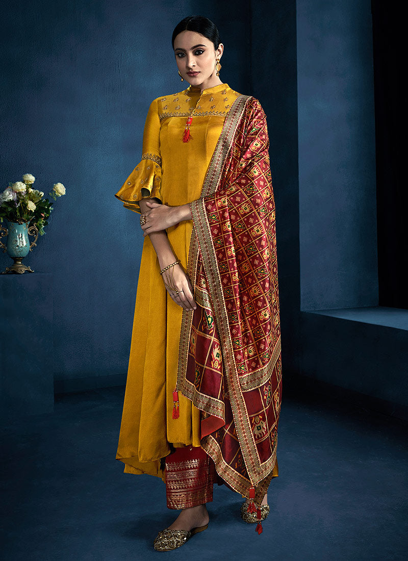Punjabi Patiala Suit Design Yellow And Maroon Combination