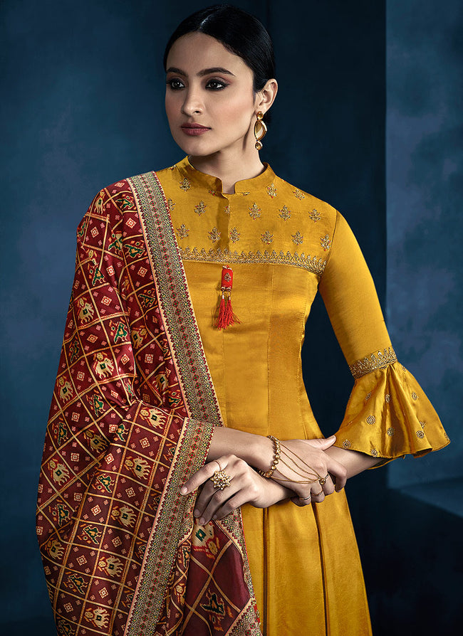 Indian Dresses - Yellow And Red Multi Anarkali Palazzo Suit