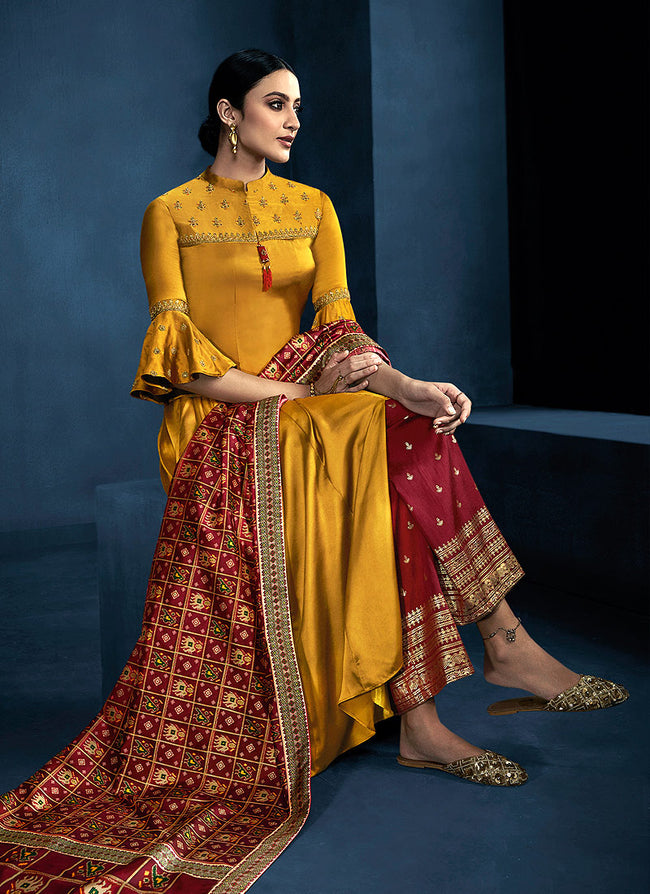 Indian Dresses - Yellow And Red Anarkali Palazzo Suit