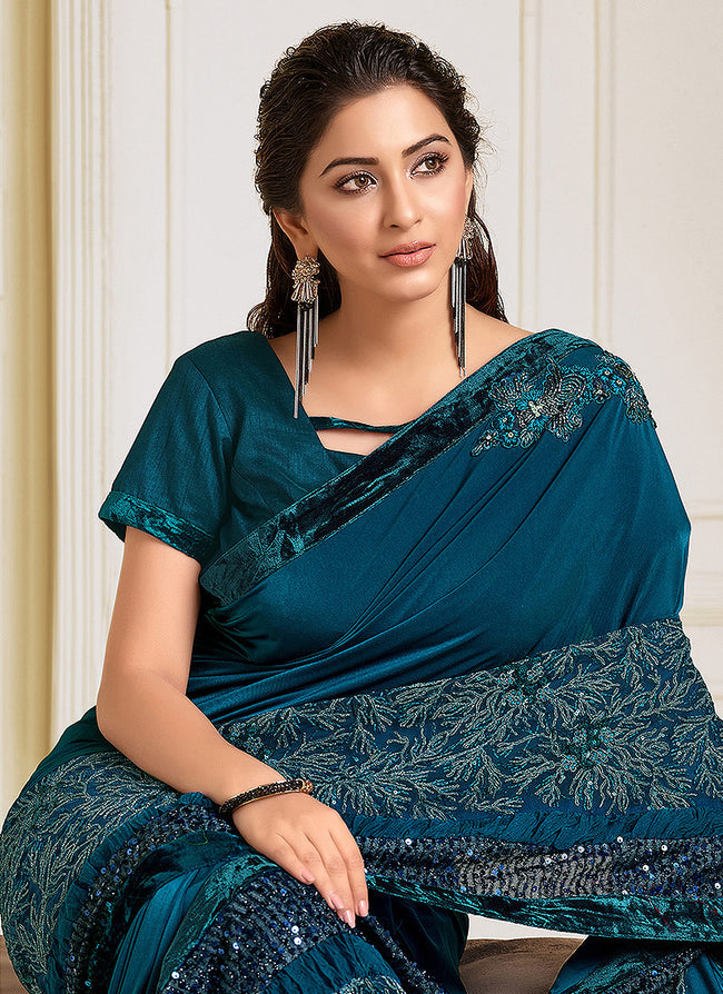 Turquoise Sequence Embroidered Designer Saree In usa uk canada