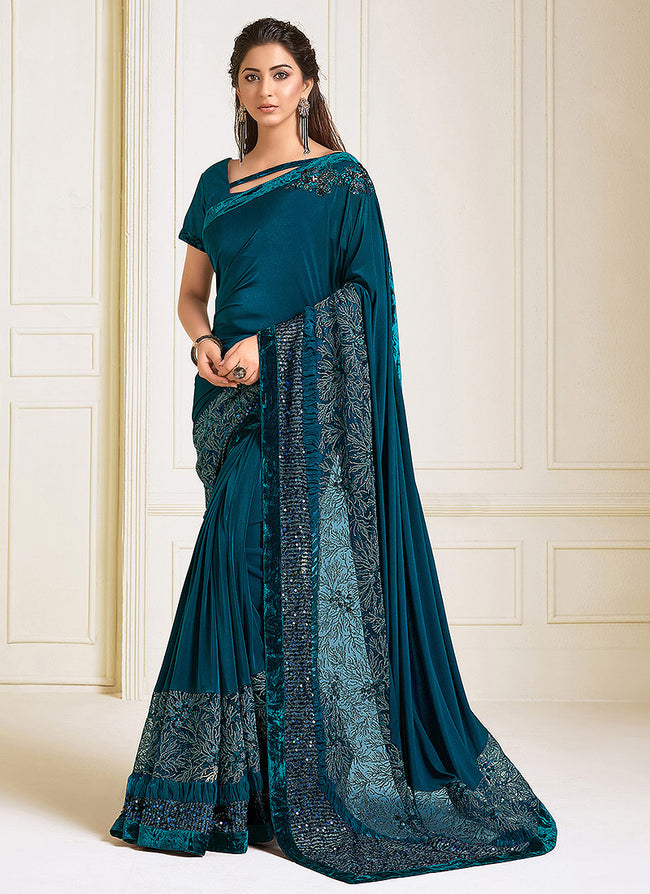 Turquoise Sequence Embroidered Designer Saree