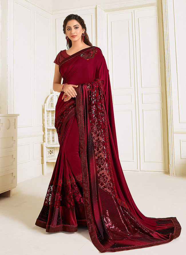 Maroon Sequence Embroidered Designer Saree