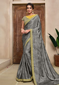 Grey And Yellow Traditional Embroidered Silk Saree