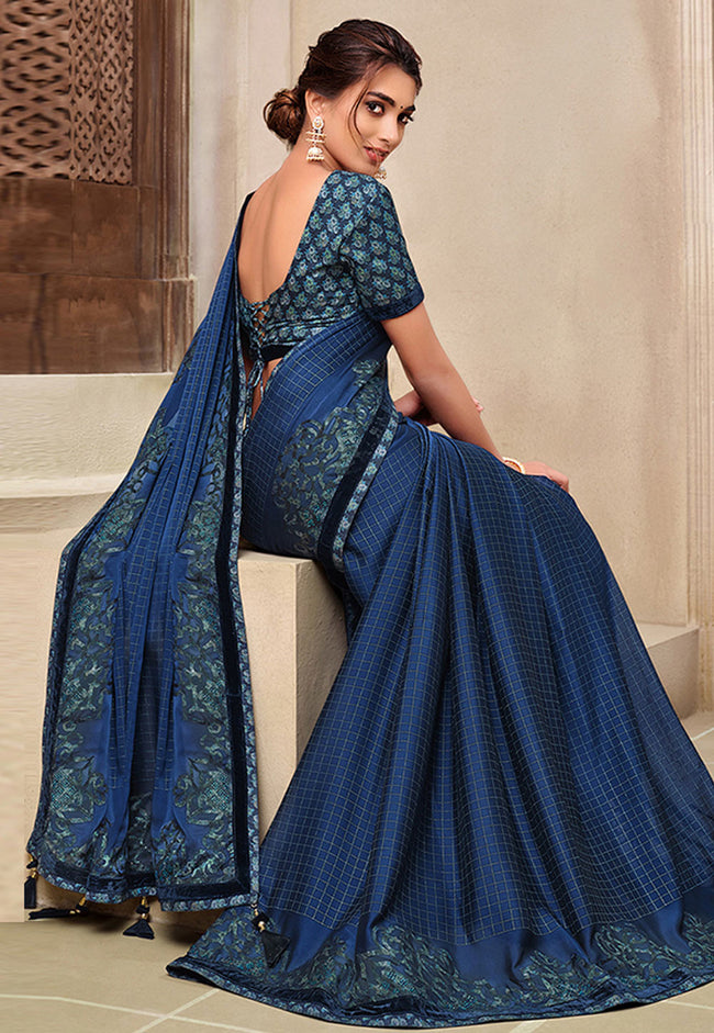 MIRCHI FASHION Royal Blue Printed Saree With Unstitched Blouse Piece