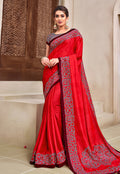 Red And Blue Floral Motif Detailed Silk Saree