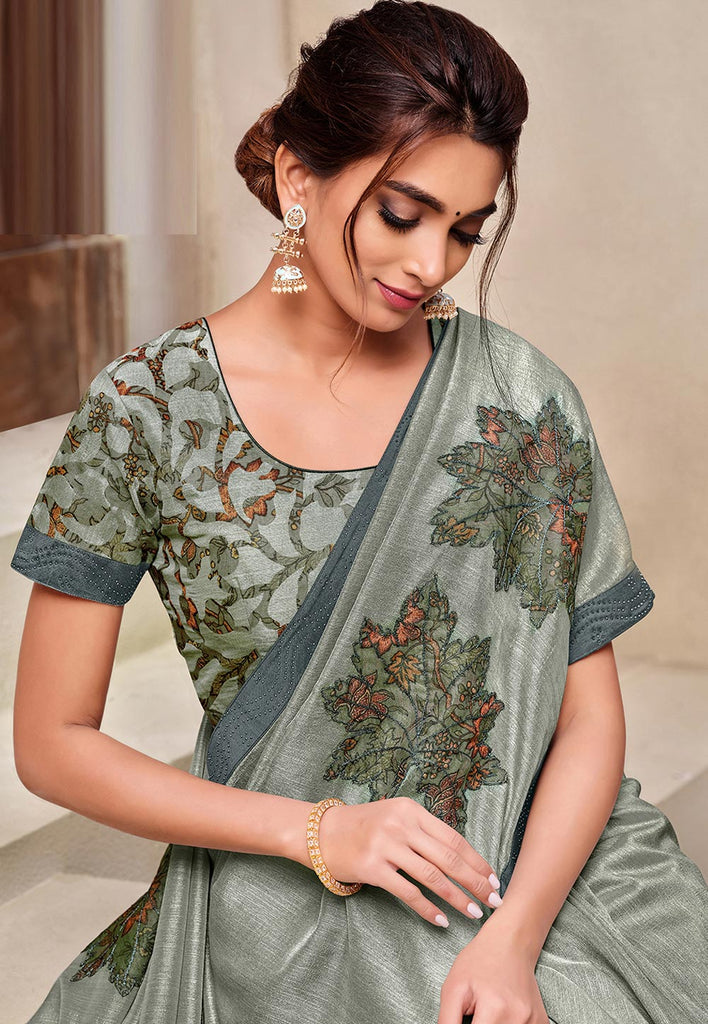 Teal Grey Floral Motif Detailed Silk Saree In usa uk canada