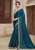 Blue And Teal Traditional Embroidered Silk Saree