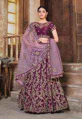Wine Floral Embroidered Lehenga Choli