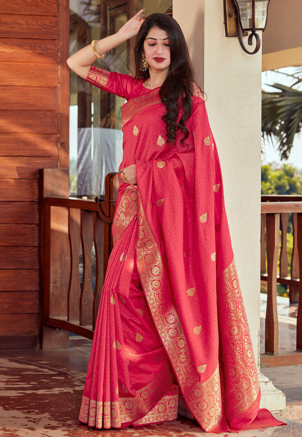 Shop Coral designer Silk Sarees for Women Online | Aza Fashions