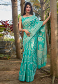 Turquoise Printed Silk Saree In usa uk canada