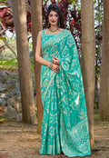 Turquoise Printed Silk Saree