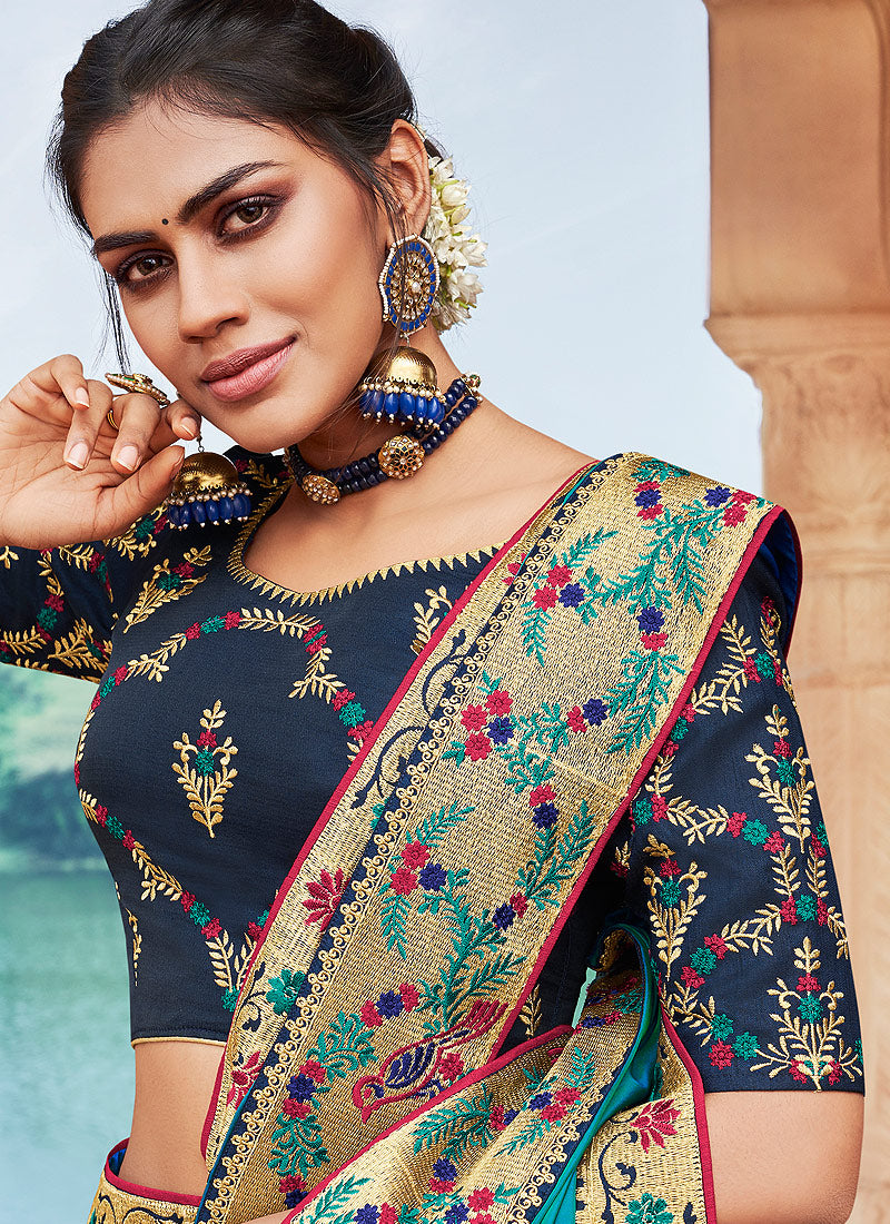 Indian Dresses -  Blue Two Tone Multi Embroidered Saree