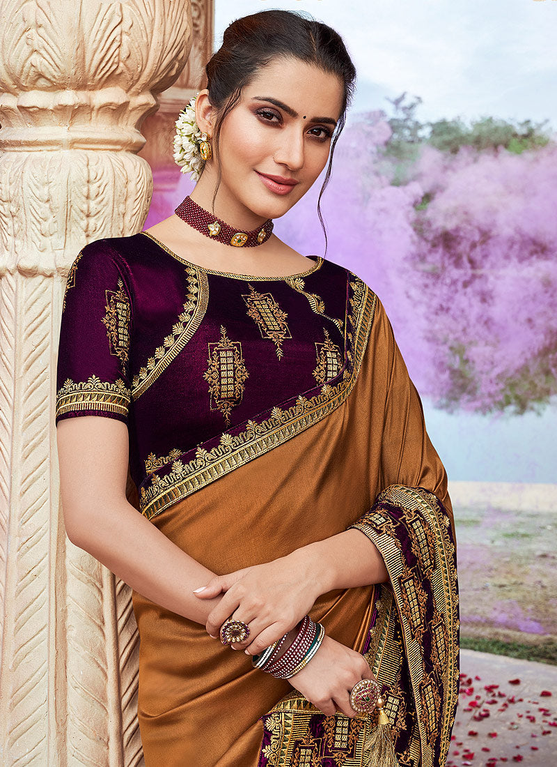 Indian Wedding Saree - Brown And Maroon Saree