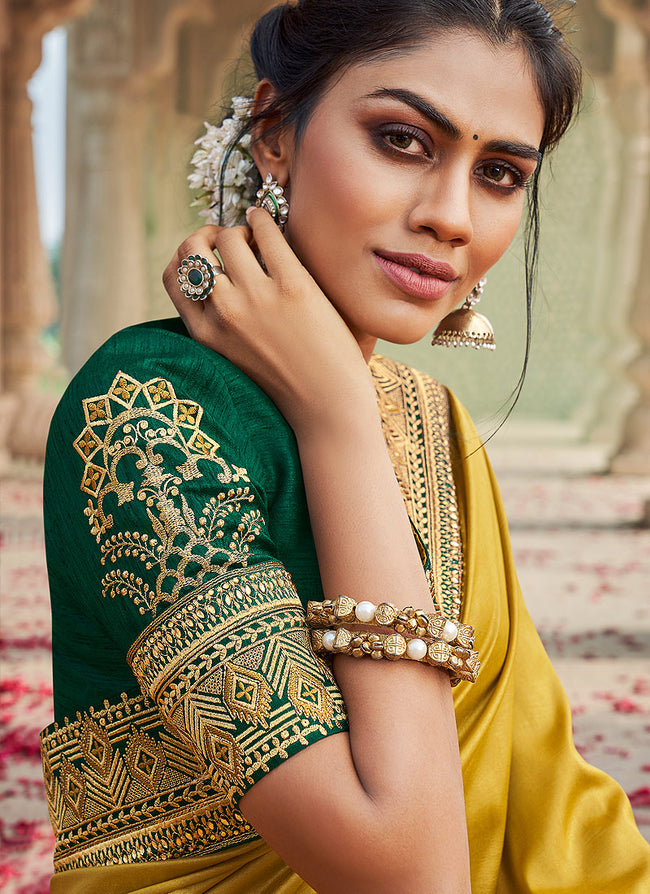 Indian Clothes - Yellow And Green Multi Embroidered Saree