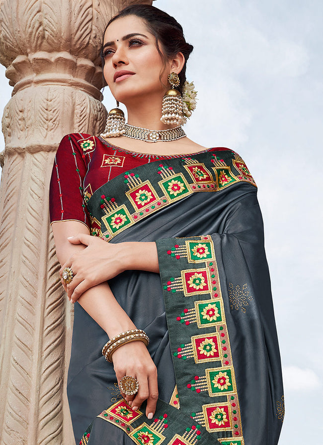 Indian Clothes - Slate Grey And Red Saree