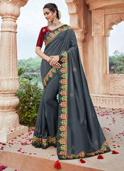 Grey And Red Saree