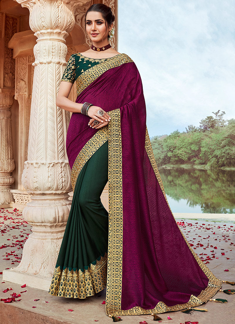 Wine And Green Saree
