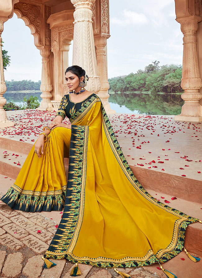 Indian Wedding Saree - Yellow And Green Multi Embroidered Saree