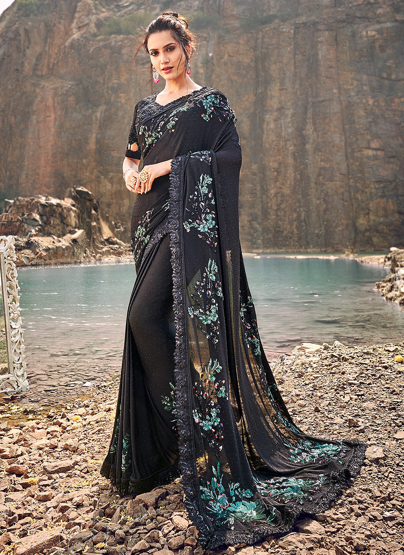 Black And Blue Floral Embroidered Party Wear Saree