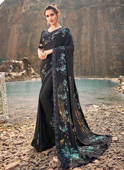 Black And Blue Floral Embroidered Party Wear Saree